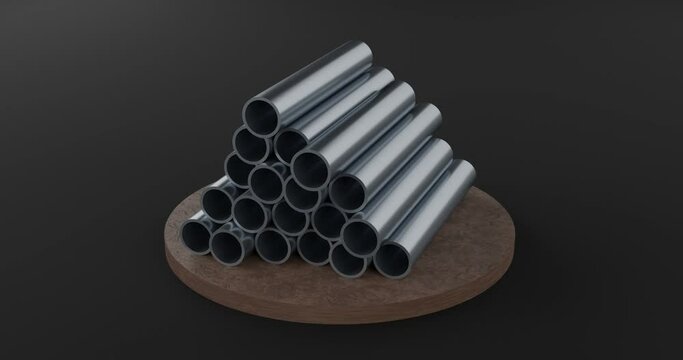 A stack of metal pipes on a rotating podium on a gray background, round rolled metal for advertising steel mills and industries, looped video, 3d rendering