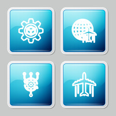 Set line Product development, Globe with flying plane, Algorithm and Plane icon. Vector