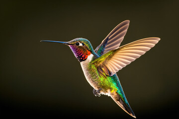 Colorful Hummingbird Flying, Dark Background, Closeup, Generative AI Digital Illustration