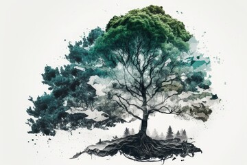 Fototapeta premium Double exposure of a single tree with a background of woodland and sky. Generative AI