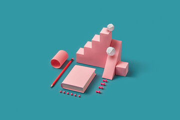 Composition of pink paper mockup with stationery.