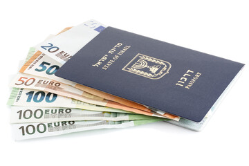 International passport of Israel,euro cash . Concept travel on with cash. Israeli passport with euro banknotes isolated on white background