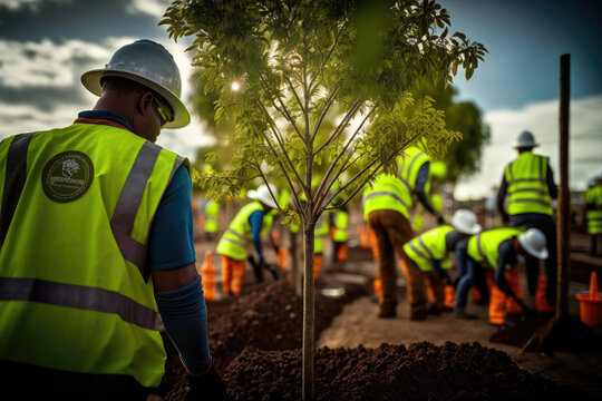Workers planting trees in a reclaimed industrial area as part of a green initiative, generative ai