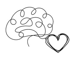 Abstract heart with brain as continuous line drawing on white background