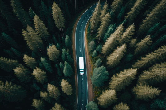Drone shot of white truck navigating through lush forest on winding road, generative ai