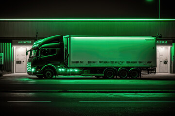 Eco-friendly logistics truck illuminated by green neon lights parked at a delivery hub, generative ai - obrazy, fototapety, plakaty