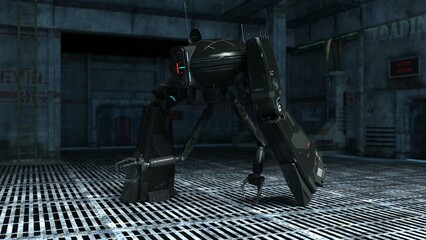 3D-illustration of a biped droid or robot in a science fiction starship