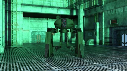 3D-illustration of a biped droid or robot in a science fiction starship