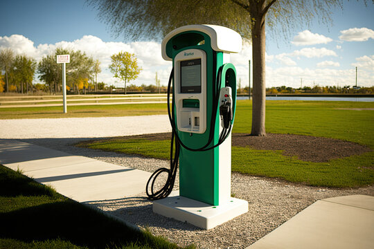 Electric vehicle charging station at a scenic park, generative ai