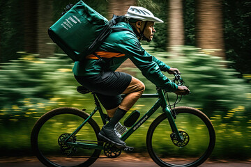 Green bike courier riding through lush forest, showcasing eco-friendly delivery method, generative ai