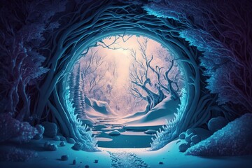 Fantasy winter landscape with a frozen river and snow covered trees. Stunning winter scenery Illustration of a magical fairy tale neon scene with a winter forest and a portal. Generative AI