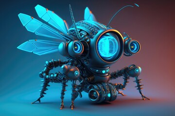 3D mosquito spy robot glow in the dark background. Generative AI