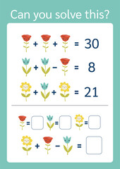 Math riddle, vector format. Find the answer, picture equations. Brain teaser, logic task