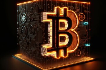 3D ultra realistic Bitcoin logo with neon light. Blockchain technology and cryptocurrency concept. Generative AI