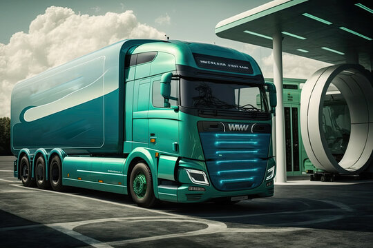 Green hydrogen truck refueling at a futuristic hydrogen station, generative ai
