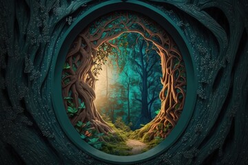 A magical portal is located in a magical forest in a fantastical world. Fairy door in the form of a cartoon leading to another world or realm. Generative AI