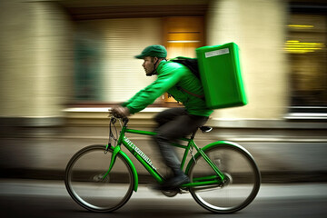 Green-clad bicycle courier rushing to deliver time-sensitive packages, generative ai - obrazy, fototapety, plakaty