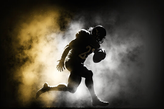 Silhouette of an American Football Player Running with the Ball, Black Background, Generative AI Digital Illustration