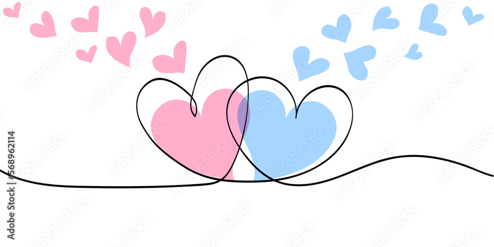 Poster valentine's day border with pink and blue heart shapes. continuous one line drawing with two hearts 