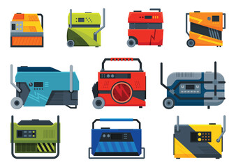 Portable electric power generator icon set. Gasoline generator, emergency equipments. Energy generating backup equipments and electricity voltage source alternators. Cartoon vector illustration