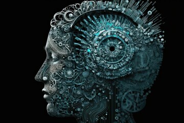 Big data technology. Human head made of cogs or gears with light bulb shape. Generative AI