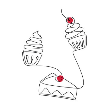 recommend clip art: Vector desserts set. Muffin, cupcake, cake, cheesecake one line continuous drawing illustration. Hand drawn linear icon. Outline design for print, banner, card, wall art poster, brochure, menu, logo.
