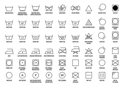Laundry vector icons set. Care clothes instructions on labels, machine or hand washing signs collection. Water, ironing and drying temperature symbols collection, textile and fabric types