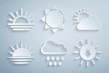 Set Cloud with rain, Sun and cloud weather, Sunset, and icon. Vector