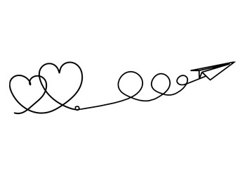 Abstract heart with paper plane as continuous line drawing on white background