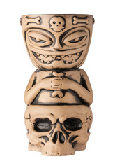 Ceramic tiki mug in the form of a skull for mai tai cocktails on a transparent background. isolated...