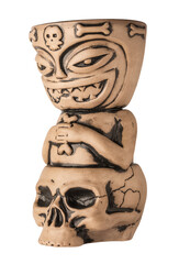 Ceramic tiki mug in the form of a skull for cocktails on a transparent background. isolated object....