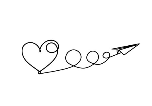 Abstract heart with paper plane as continuous line drawing on white background
