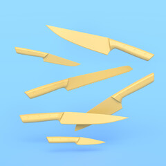 Set of fluing chef kitchen knives with a wooden handle on monochrome background.