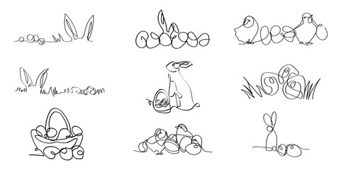 Set of drawn Easter bunnies, eggs and chickens on white background
