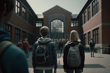 Naklejka na ściany i meble Rear view of two student friends with backpacks near the college. AI generated.