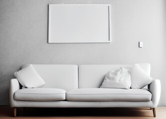 Blank photo frame mock up on wall, white sofa, 3d rendering