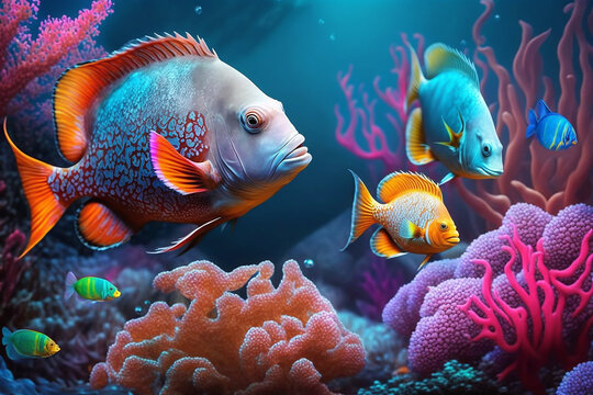 Tropical fishes in aquarium generated with AI