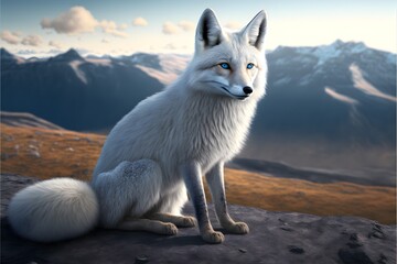 Fototapeta premium White fox with blue eyes in a mountain. Generative AI.