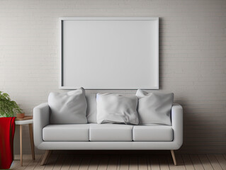 Blank photo frame mock up on wall, white sofa, 3d rendering