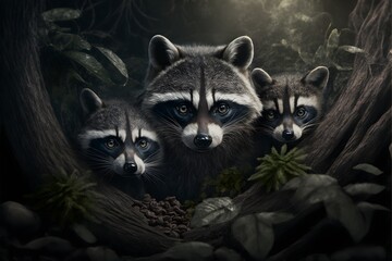Family of raccoons in a forest. Generative AI.