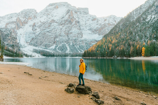 Man near Lago di Braies in winter 