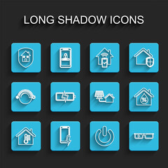 Set line House temperature, Mobile charging battery, under protection, Power button, Smart glasses, Battery, humidity and with solar panel icon. Vector