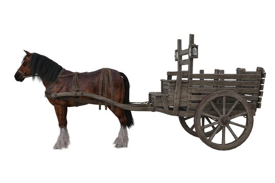 Brown horse pulling an old medieval wooden cart. 3D rendering isolated.