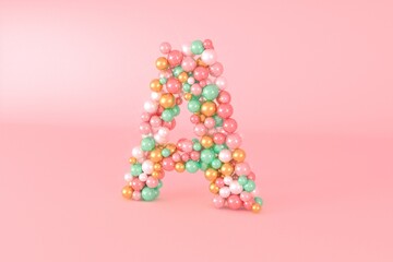 Letter A made of glass balls, pastel pearls, crystal jewels and gold.
