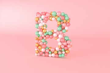 Letter B made of glass balls, pastel pearls, crystal jewels and gold.