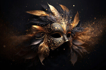 Luxury carnival mask 3d, background with golden feather, confettis and glitter illustration generative ai