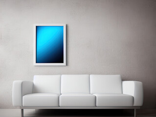 Mockup blue poster in the living room, the white sofa in Scandinavian style, 3d render, 3d illustration