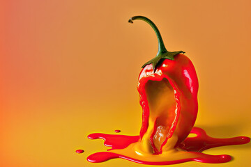 Melted Red Hot Chili Peppers Shoot on Yellow Background, Generative AI Digital Illustration
