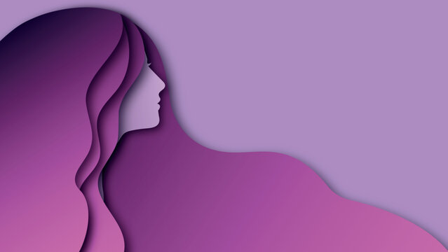 Banner 8 de marzo, ilustración vectorial del Día Internacional de la Mujer. Recorte de papel sobre fondo lila. Espacio para colocar texto. Diseño editable.