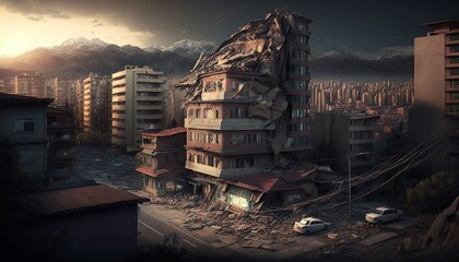 Generative AI illustration of a view of the remains of a city due to an earthquake in turkey and syria - obrazy, fototapety, plakaty